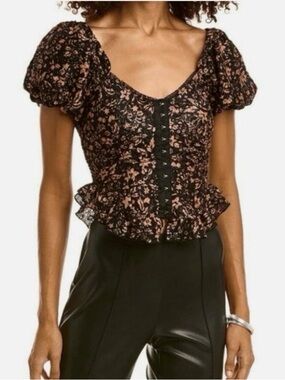 Free People Black Puff Sleeve Floral Lace-Trim Blouse oh baby corset medium